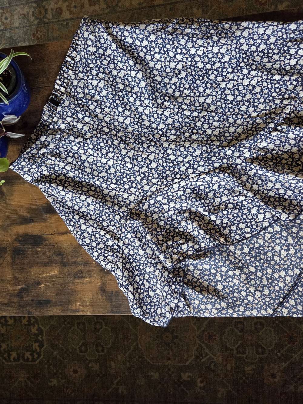 Blue Floral Midi Skirt - Navy & White